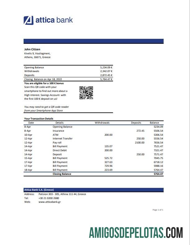 Modelo de extrato bancário Grécia Attica para download, formato Excel e PDF
